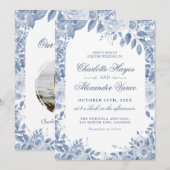 Elegant Dusty Blue Floral Wedding Photo Invitation 招待状 (正面/裏面)