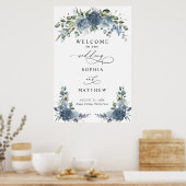 Elegant Dusty blue Floral Wedding Poster ポスター (キッチン)