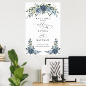 Elegant Dusty blue Floral Wedding Poster ポスター (ホームオフィス)