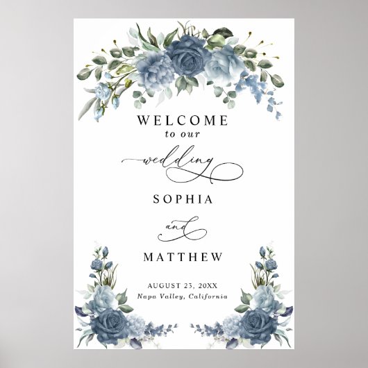 Elegant Dusty blue Floral Wedding Poster ポスター (正面)