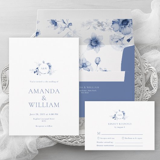 Elegant Dusty Blue Floral Wedding Program サンキューカード