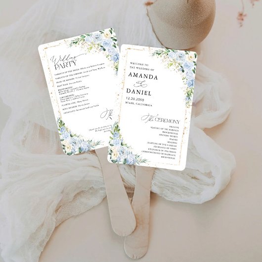 Elegant Dusty Blue Floral Wedding Program ハンドファン