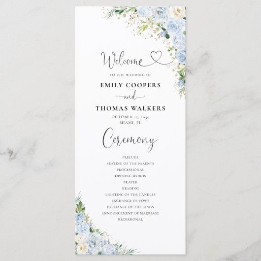 Elegant Dusty Blue Floral Wedding Program プログラム (正面)