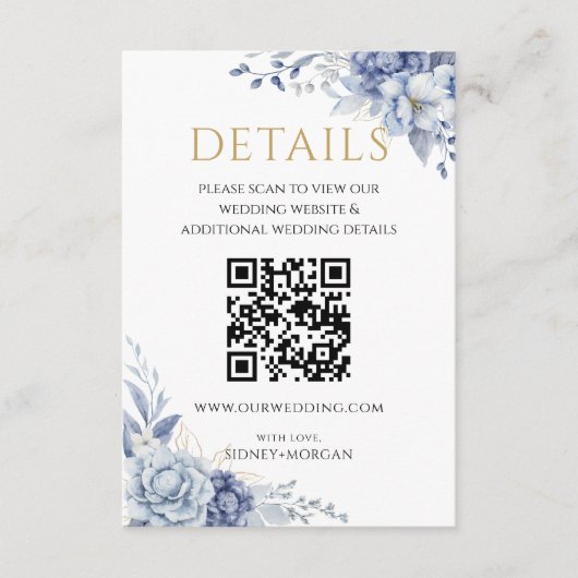 Elegant Dusty Blue Floral wedding QR code Details エンクロージャーカード (正面)