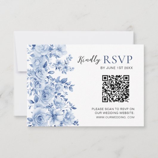 Elegant Dusty Blue Floral Wedding RSVP Card QR Cod (正面)