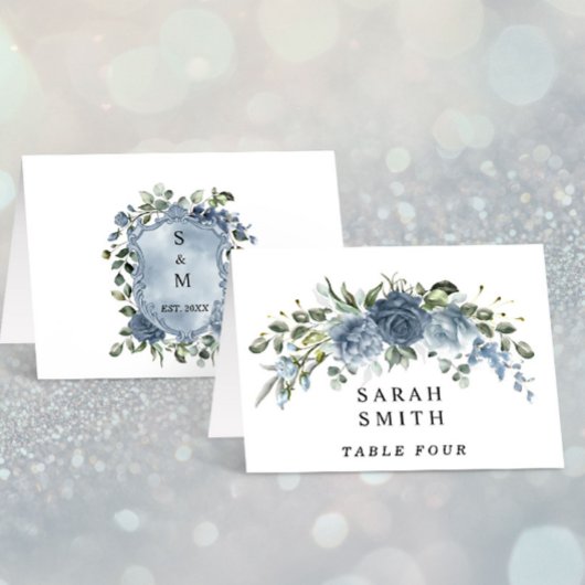Elegant Dusty Blue Floral Wedding Table Place Card テーブルナンバー