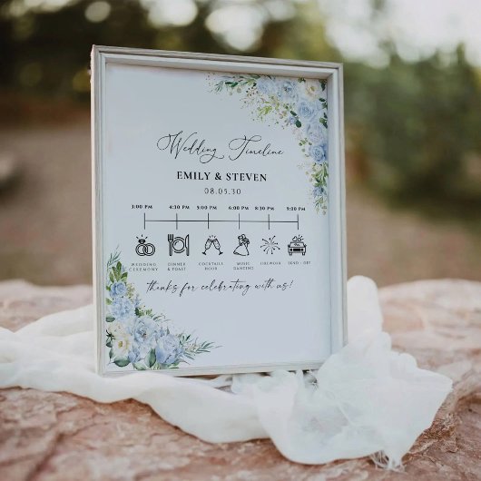 Elegant Dusty Blue Floral Wedding Timeline Sign 台座サイン