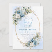 Elegant Dusty Blue Flowers Gold Baby Shower Invite 招待状 (正面)