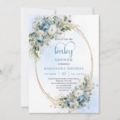 Elegant Dusty Blue Flowers Gold Baby Shower Invite 招待状 (正面)