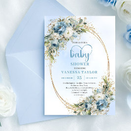 Elegant Dusty Blue Flowers Gold Baby Shower Invite 招待状