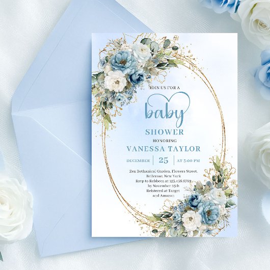 Elegant Dusty Blue Flowers Gold Baby Shower Invite 招待状