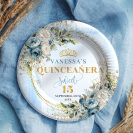 Elegant Dusty Blue Flowers Gold Name Quince Plates ペーパープレート