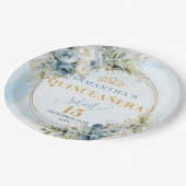 Elegant Dusty Blue Flowers Gold Name Quince Plates ペーパープレート (アングル)