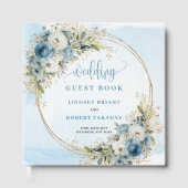 Elegant Dusty Blue Flowers Gold Wedding Guest Book ゲストブック (正面)