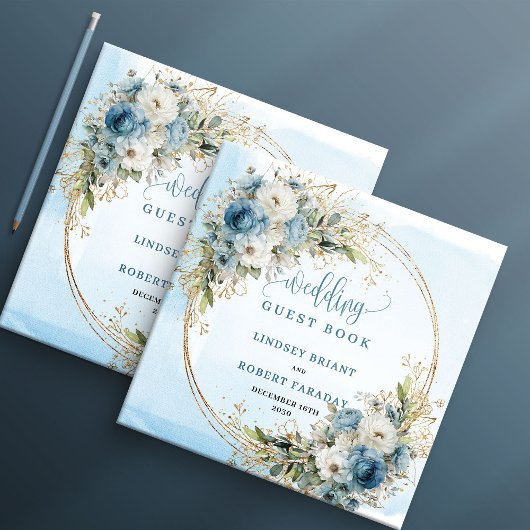Elegant Dusty Blue Flowers Gold Wedding Guest Book ゲストブック