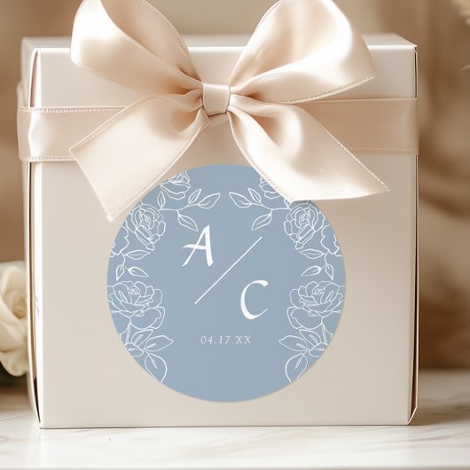 Elegant Dusty Blue French Roses Wedding ラウンドシール