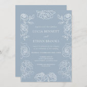 Elegant Dusty Blue French Roses Wedding 招待状 (正面/裏面)