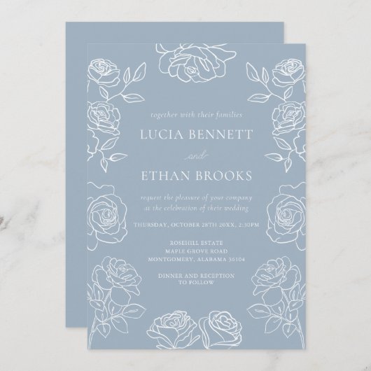 Elegant Dusty Blue French Roses Wedding 招待状 (正面/裏面)
