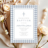 Elegant Dusty Blue Gingham Boy Baptism 招待状