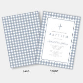 Elegant Dusty Blue Gingham Boy Baptism 招待状