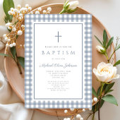 Elegant Dusty Blue Gingham Boy Baptism 招待状