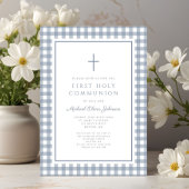 Elegant Dusty Blue Gingham Boy First Communion 招待状