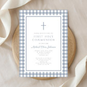 Elegant Dusty Blue Gingham Boy First Communion 招待状
