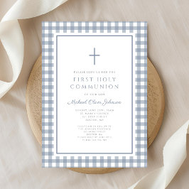Elegant Dusty Blue Gingham Boy First Communion 招待状
