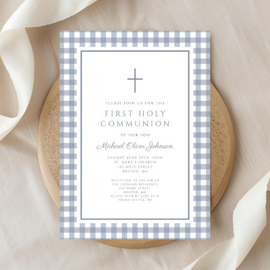 Elegant Dusty Blue Gingham Boy First Communion 招待状