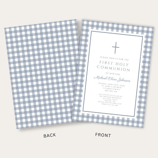 Elegant Dusty Blue Gingham Boy First Communion 招待状