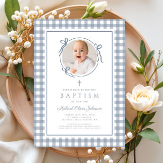 Elegant Dusty Blue Gingham Photo Girl Baptism 招待状
