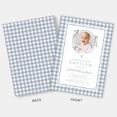 Elegant Dusty Blue Gingham Photo Girl Baptism 招待状