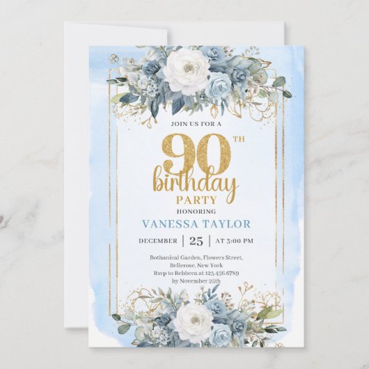 Elegant Dusty Blue Gold 90th Birthday Party Invite 招待状 (正面)