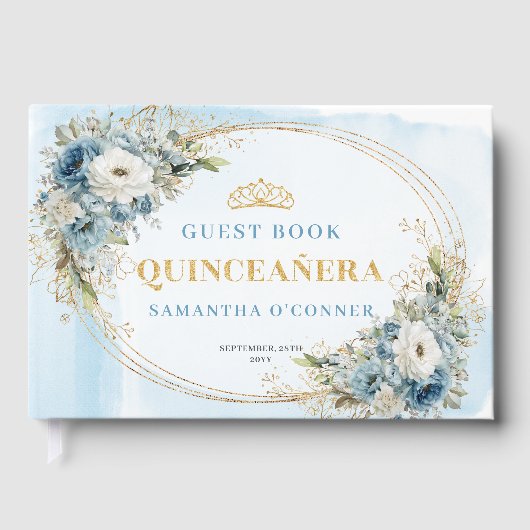 Elegant Dusty Blue Gold Boho Guest Book Quince ゲストブック (正面)