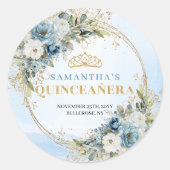 Elegant Dusty Blue Gold Eucalyptus Quinceañera  ラウンドシール (正面)
