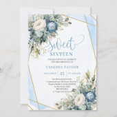 Elegant dusty blue gold floral sweet 16 invitation 招待状 (正面)