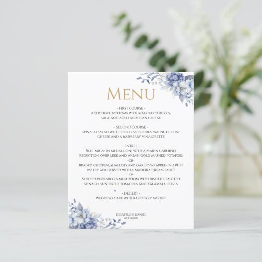 Elegant Dusty Blue Gold Floral Wedding Dinner Menu (スタンド正面)