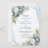 Elegant Dusty Blue Gold Floral Wedding Invitation 招待状 (正面)