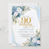 Elegant dusty blue gold frame 90th birthday invite 招待状 (正面)