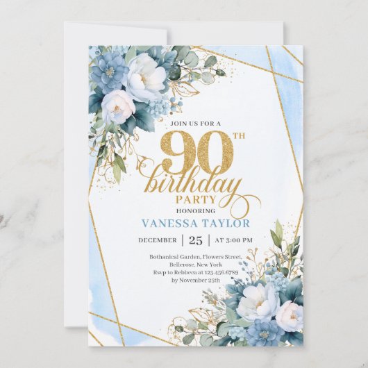 Elegant dusty blue gold frame 90th birthday invite 招待状 (正面)