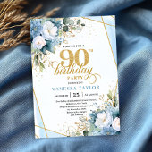 Elegant dusty blue gold frame 90th birthday invite 招待状