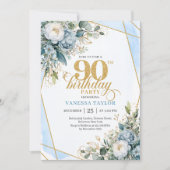 Elegant dusty blue gold frame floral 90th birthday 招待状 (正面)