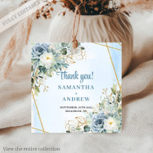 Elegant Dusty Blue Gold Frame Floral Favor Tag