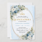 Elegant Dusty Blue Gold Greenery Quince Invitation 招待状 (正面)