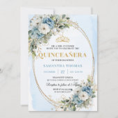 Elegant Dusty Blue Gold Greenery Quinceañera 招待状 (正面)