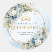 Elegant Dusty Blue Gold Greenery Quinceañera Stick ラウンドシール (正面)