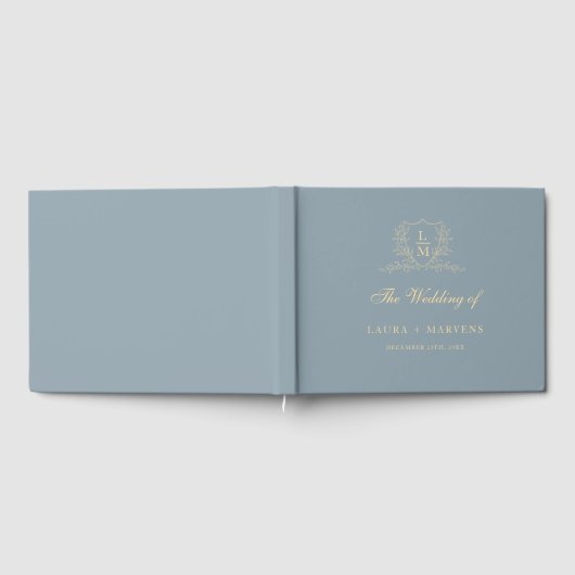 Elegant Dusty Blue & Gold Grest Monogram Wedding ゲストブック (全面)