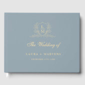 Elegant Dusty Blue & Gold Grest Monogram Wedding ゲストブック (正面)