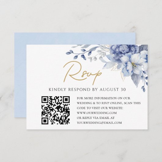 Elegant Dusty Blue gold  Wedding QR code RSVP (正面/裏面)