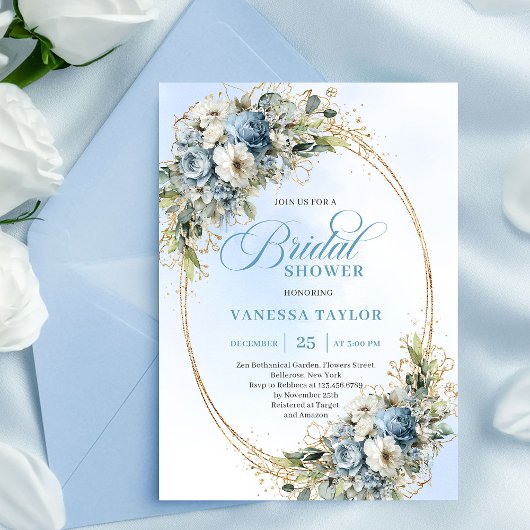 Elegant Dusty Blue Greenery Gold Bridal Shower  招待状